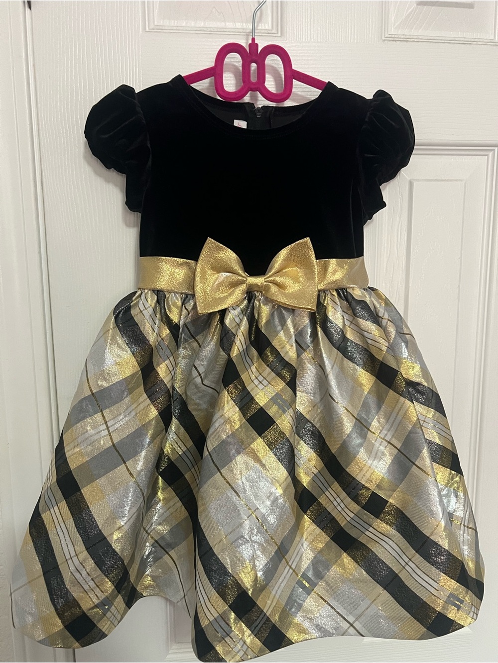 Toddler Black Velvet & Gold Bow Plaid Party Dress